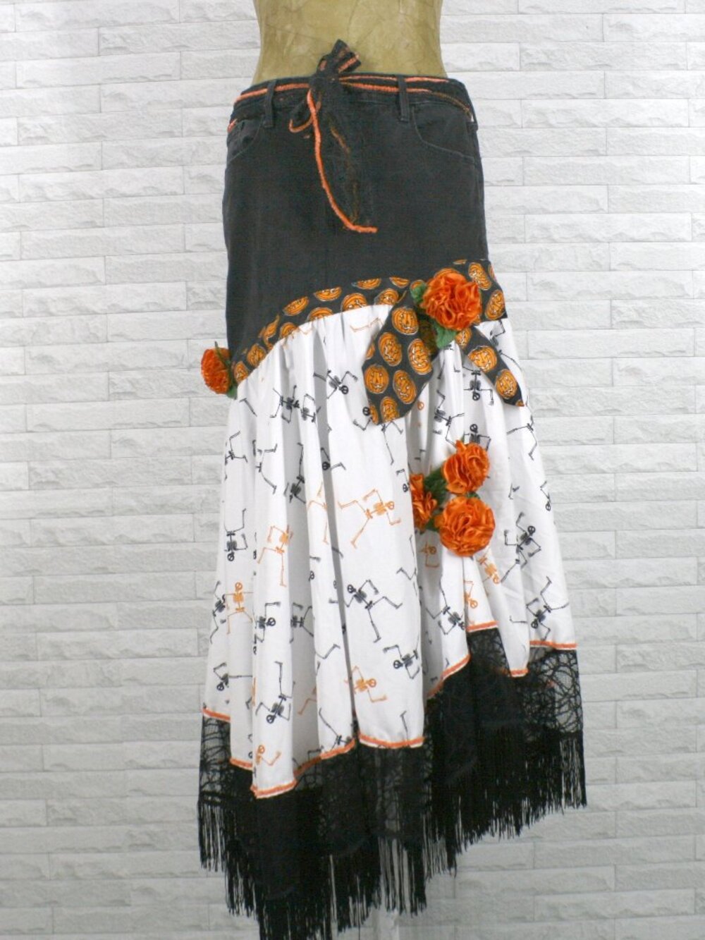HAND CRAFTED Skirt Halloween Denim Black Jean Upcycled Maxi Holiday Black 12